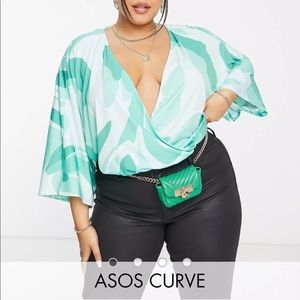 ASOS Curve angel sleeve bodysuit in mint abstract print
